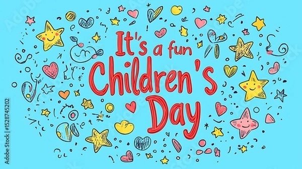 Fototapeta Crayon-style doodle circle in bright primary colors encircling red handwritten text "It's a fun Children's Day", hand-drawn stars, hearts, and smiley faces scattered along the border,