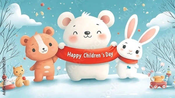 Fototapeta Cute flat vector scene of three animal friends—bear, bunny, and cat—holding a bright red ribbon with "Happy Children’s Day" text,