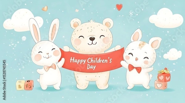 Fototapeta Flat 2D cartoon vector illustration of a cute bear, bunny, and cat standing together holding a red ribbon that reads "Happy Children's Day",