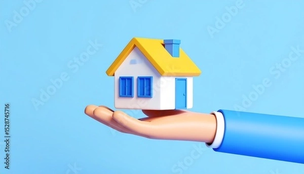 Obraz Hand holding 3d toy house isolated on blue background representing home ownership and real estate concept