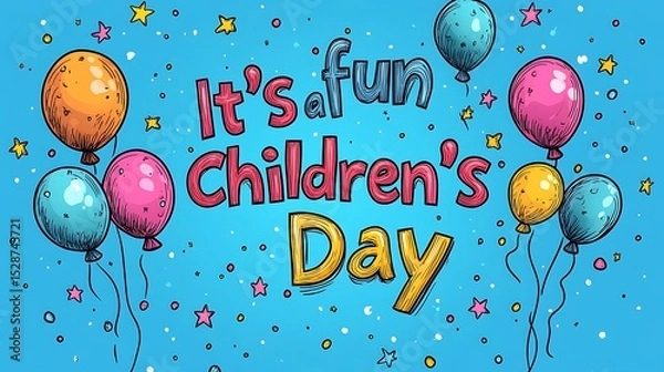 Fototapeta Flat colorful vector illustration of floating balloon letters in a hand-drawn doodle style spelling out "It's a fun Children's Day", soft sky-blue background, stars, dots,