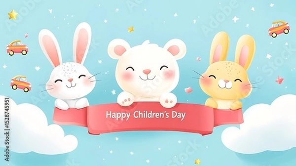 Fototapeta Flat vector cartoon of three animal mascots—bear, bunny, and cat—smiling and holding a festive red ribbon that says "Happy Children's Day", blue sky background with clouds and floating toy cars,