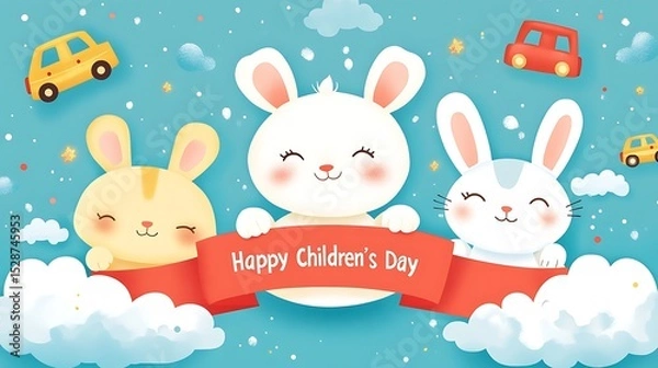 Fototapeta Flat vector cartoon of three animal mascots—bear, bunny, and cat—smiling and holding a festive red ribbon that says "Happy Children's Day", blue sky background with clouds and floating toy cars,