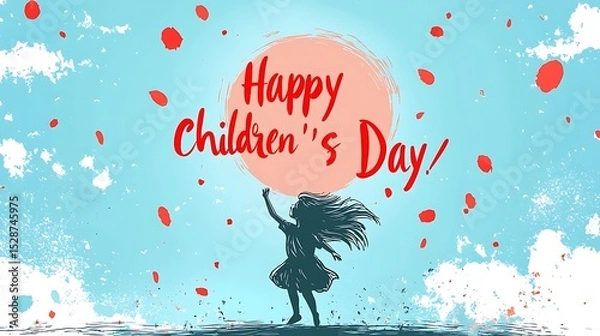 Fototapeta Flat vector design with minimalist pen sketch of a child dancing under a happy sun, positioned above large red handwritten "Happy Children’s Day" text, soft pastel blue background, no extra elements,