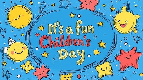 Fototapeta Flat vector illustration in hand-drawn crayon style, a circular crayon-sketched border in red, yellow, and blue surrounds the handwritten text "It's a fun Children's Day", doodles of stars,