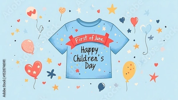 Fototapeta Flat vector illustration of a light blue t-shirt viewed from the front, centered red ribbon across the chest with hand-lettered text "First of June, Happy Children's Day",