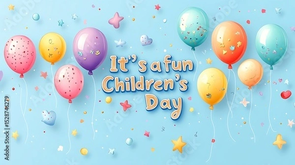 Fototapeta Hand-drawn vector style letters in the form of colorful balloons forming the words "It's a fun Children's Day", each balloon floating freely with thin white strings,