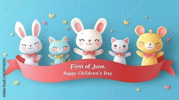 Fototapeta Minimalist 2D flat vector artwork showing animal mascots (bunny, bear, cat) happily marching below a curved red ribbon with the message "First of June, Happy Children's Day",