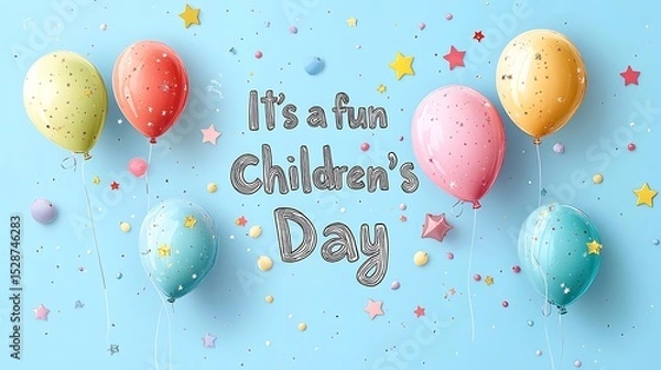 Fototapeta Hand-drawn vector style letters in the form of colorful balloons forming the words "It's a fun Children's Day", each balloon floating freely with thin white strings,