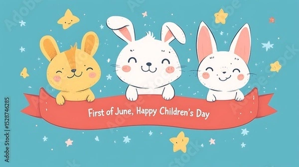 Fototapeta Minimalist 2D flat vector artwork showing animal mascots (bunny, bear, cat) happily marching below a curved red ribbon with the message "First of June, Happy Children's Day",