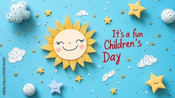 Fototapeta Minimalist flat vector design with a cute hand-drawn sun, radiating joy, playful red handwritten typography "It's a fun Children's Day" at the center, soft blue background,
