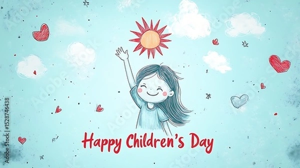 Fototapeta Minimalist flat vector illustration on a pastel blue background, red hand-lettered text "Happy Children’s Day" centered at the bottom,