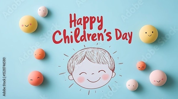 Fototapeta Minimalist vector design featuring a one-line pen sketch of a baby’s face within a simple smiling sun icon, placed above large red calligraphy text &quot;Happy Children’s Day&quot;, soft pastel blue background,
