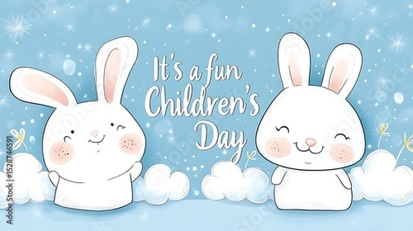 Fototapeta Simple vector logo with bear and bunny in hand-drawn flat style peeking from behind cheerful handwritten text "It's a fun Children's Day",