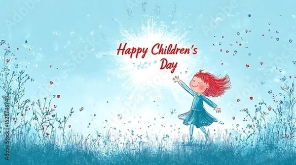 Fototapeta Vector flat illustration with centered red calligraphy "Happy Children’s Day", small ink-style drawing of a dancing child under a shining stylized sun above the text, light blue pastel background,