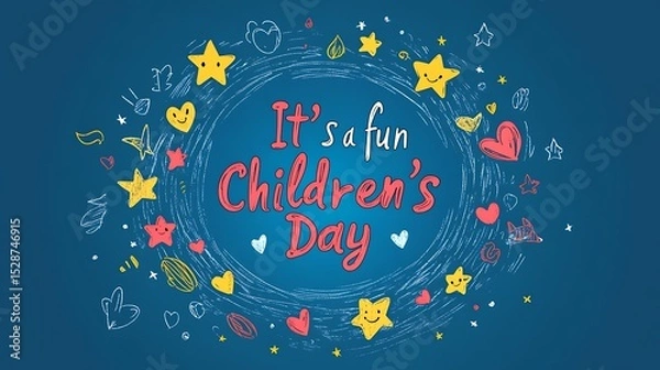 Fototapeta A 2D flat vector logo with rough crayon-drawn circular frame, fun doodle icons like stars, hearts, and happy faces decorating the edge, center text in handwritten red font "It's a fun Children's Day",