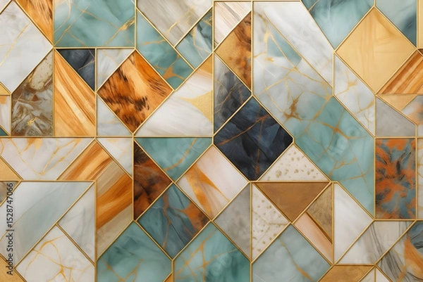 Fototapeta Abstract geometric marble pattern wallpaper background design with gold lines and shapes 