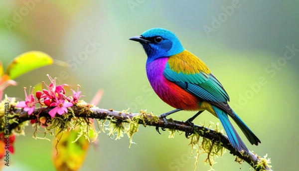 Fototapeta Colorful songbird perched on delicate branch with vibrant feathers, surrounded by soft background and blooming flowers, evoking peaceful and lively mood