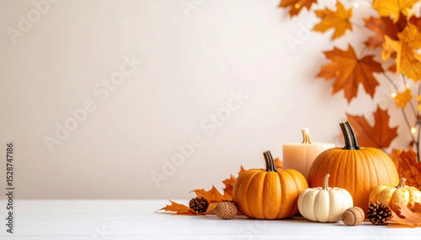 Fototapeta Autumn maple leaves, pumpkins, acorns, pinecones, and candles create cozy seasonal background with warm orange tones, perfect for fall celebrations and Thanksgiving decor