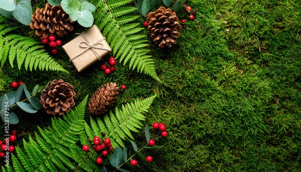 Fototapeta Gift box, fern leaves, eucalyptus, pinecones, and red berries on lush mossy background create festive and natural holiday atmosphere, evoking warmth and celebration