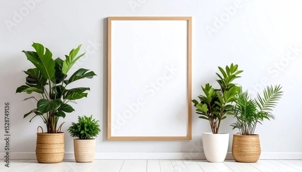 Obraz Home interior featuring a poster mock-up framed with vertical wood and ornamental plants in stylish pots
