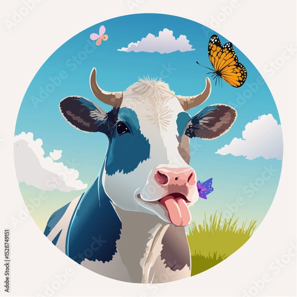 Fototapeta A happy cow standing in a sunny field with butterflies, drawn in a bright and playful cartoon style.