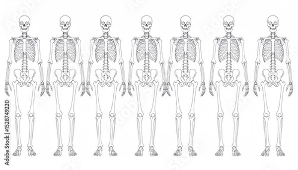 Obraz Multiple human skeletons forming a line isolated on a white background, perfect for educational and medical illustrations