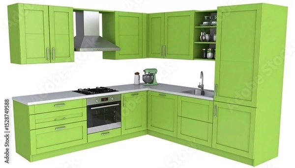 Obraz Elegant kitchen interior featuring vibrant green cabinets and modern design elements in a 3d rendered environment