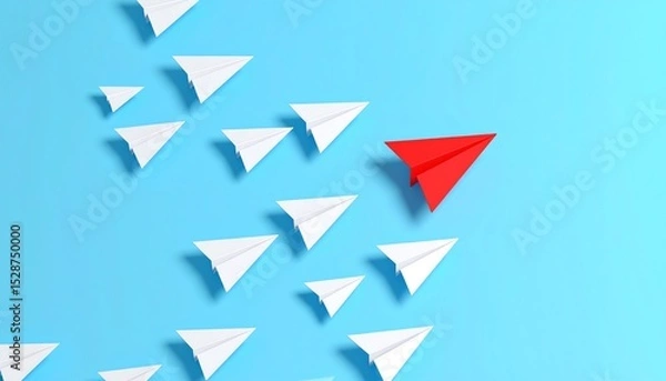 Obraz Unique red paper airplane distinctively positioned among white paper airplanes on a blue background symbolizing individuality