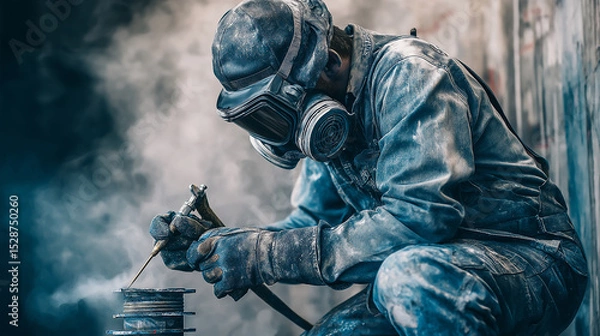 Obraz A painter in working clothes paints a metal shut-off valve for gasification from a compressor gun