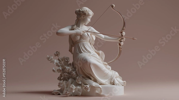 Obraz Statue of greek goddess artemis with bow and arrows isolated on color background, Ancient greek god white sculpture 
