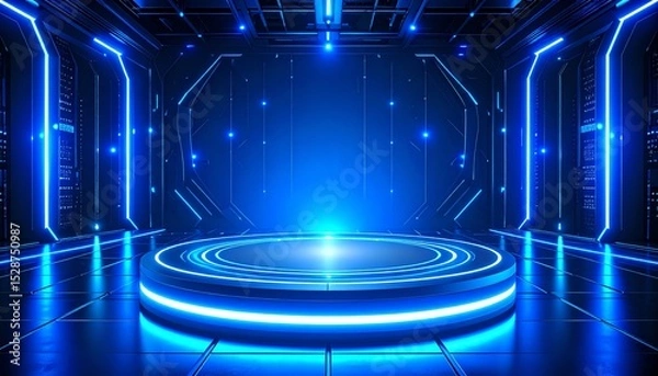 Obraz Futuristic room featuring striking blue lights and a modern design creating a sci-fi ambiance for showcase