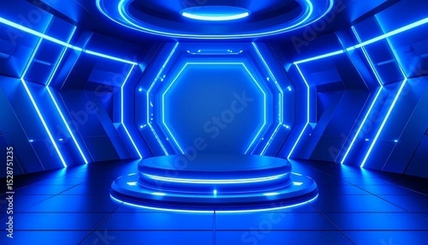 Obraz Contemporary futuristic room with blue lights creating a sci-fi setting for a unique showcase experience