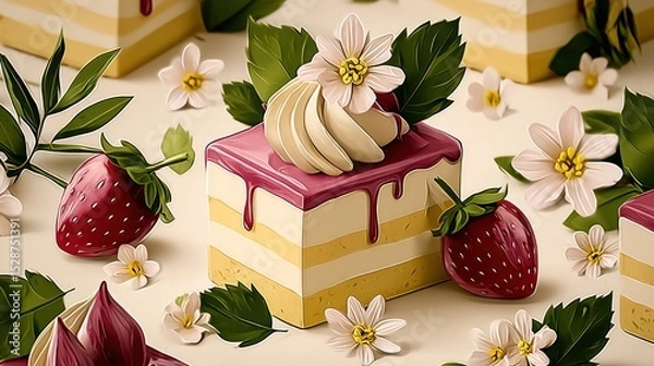 Fototapeta A close-up of several small, decorated cakes