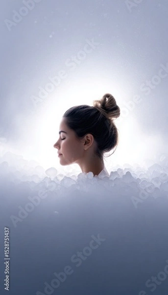 Fototapeta A serene woman, profile view, nestled in a cloud of ice