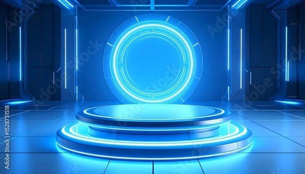Obraz Futuristic room with circular glowing light ideal for product displays in a sci-fi inspired environment