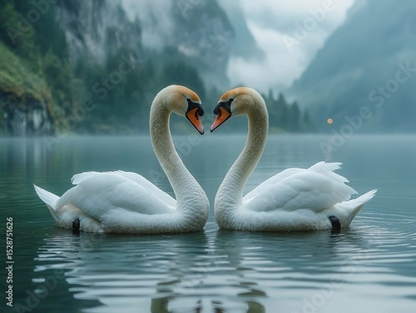 Fototapeta Two swans facing each other forming heart shapes with curved necks on misty mountain lake. Monogamous symbolism for wedding themes, emotional wellness visuals, wetland conservation