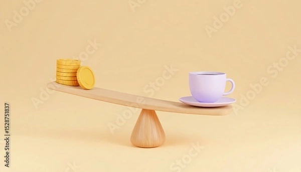 Obraz Coffee cup and stacks of coins on a wooden seesaw representing financial crisis and inflation impact on economy