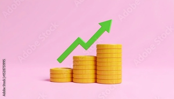 Obraz Stacks of coins with green upward arrow on pink background representing financial growth and success concept