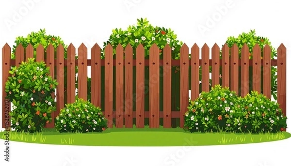 Obraz Beautiful fence surrounded by vibrant flowers and plants creating a serene garden environment with greenery
