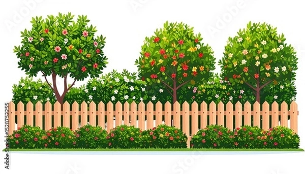 Obraz Lush garden with a decorative fence surrounded by colorful flowers creating a tranquil outdoor retreat