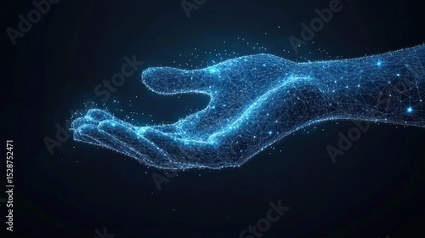Obraz Abstract digital hand offering, dark background, glowing particles