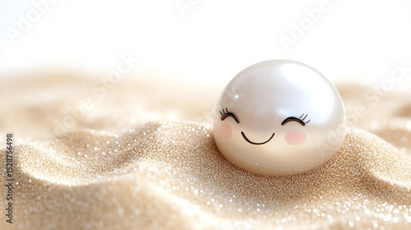 Fototapeta Smiling Sandcastle Character with Cute Pearl Resting. Playful sandcastle with a smiling face, ideal for beach, summer, and children's content marketing.