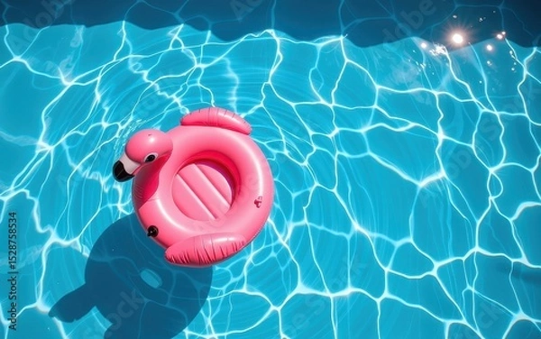 Fototapeta A pink flamingo float in a shimmering blue swimming pool.