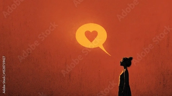 Fototapeta Silhouette of a human with a glowing heart radiating light into their speech bubble