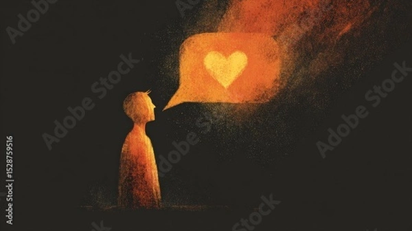 Fototapeta Silhouette of a human with a glowing heart radiating light into their speech bubble