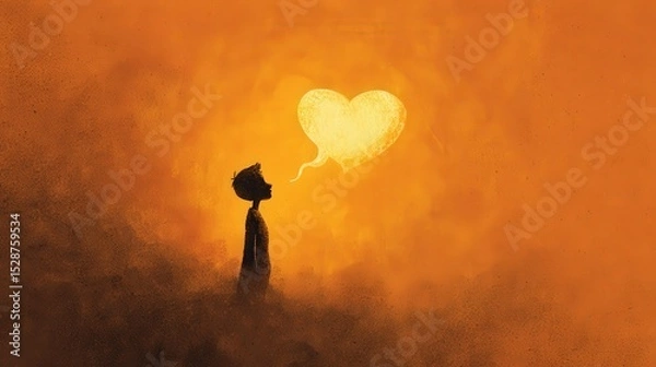 Fototapeta Silhouette of a human with a glowing heart radiating light into their speech bubble