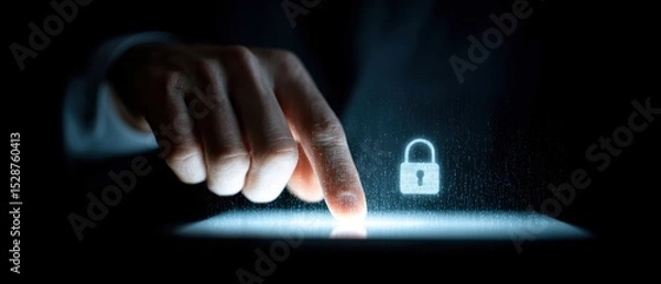 Fototapeta A finger touches a glowing digital surface with a holographic padlock symbol, representing cybersecurity and data protection.