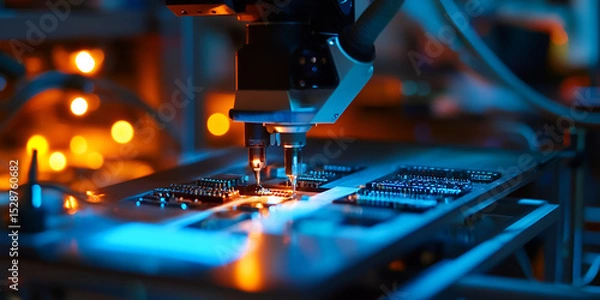 Fototapeta Microscope analyzing electronic tech components, high-tech research and engineering innovation

