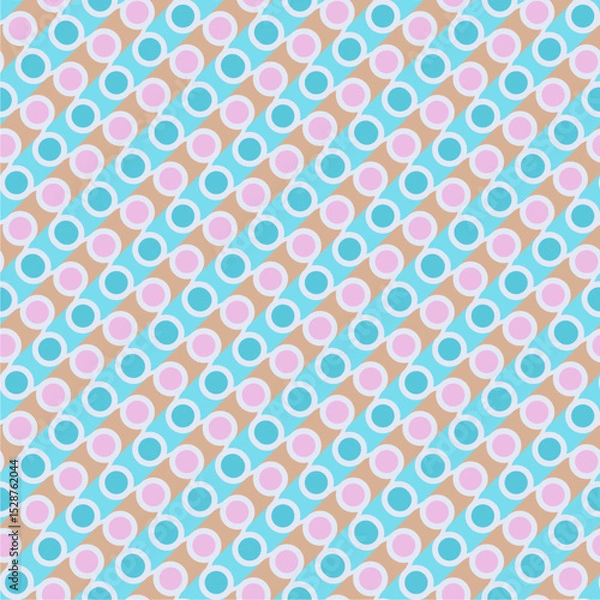 Obraz This seamless abstract geometric pattern features playful circular shapes in pastel blue, pink, and tan hues on a diagonal layout, ideal for textiles, wallpapers, gift wraps, and digital backgrounds